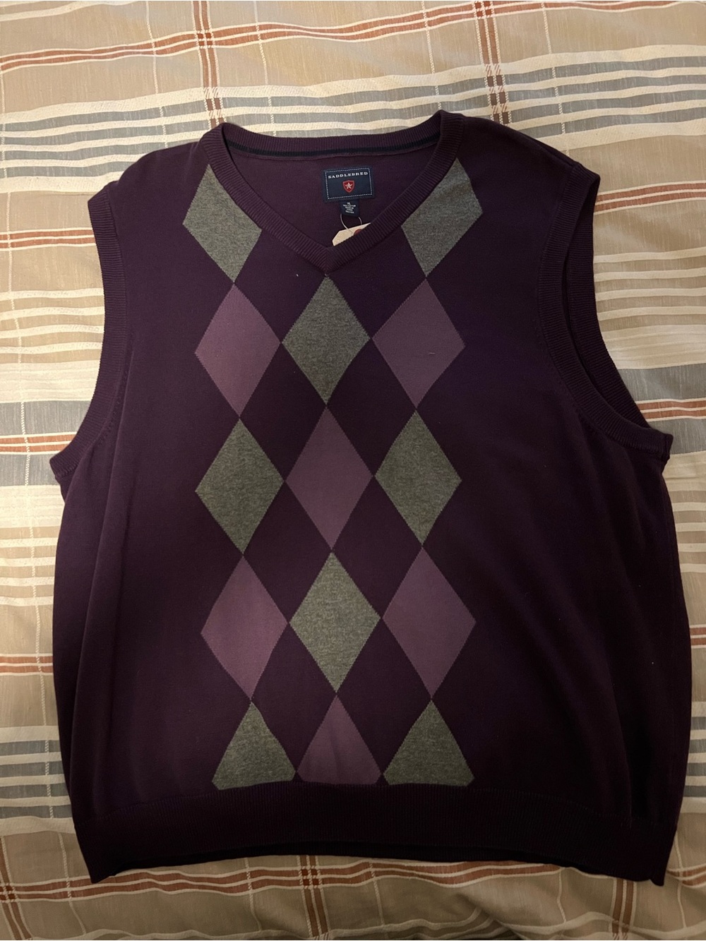NWT Saddlebred Men's Argyle Knit Sleeveless Sweater Vest Gray Purple V-Neck XL